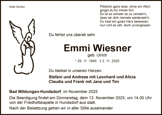 Traueranzeige von Emmi Wiesner von WLZ