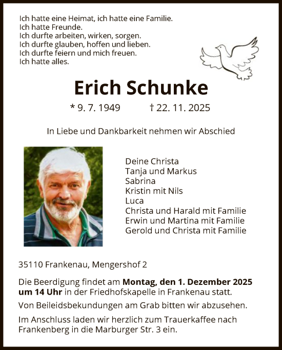 Traueranzeige von Erich Schunke von HNAWLZ