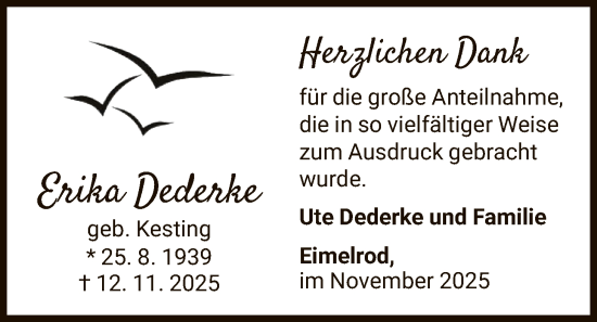 Traueranzeige von Erika Dederke von WLZ