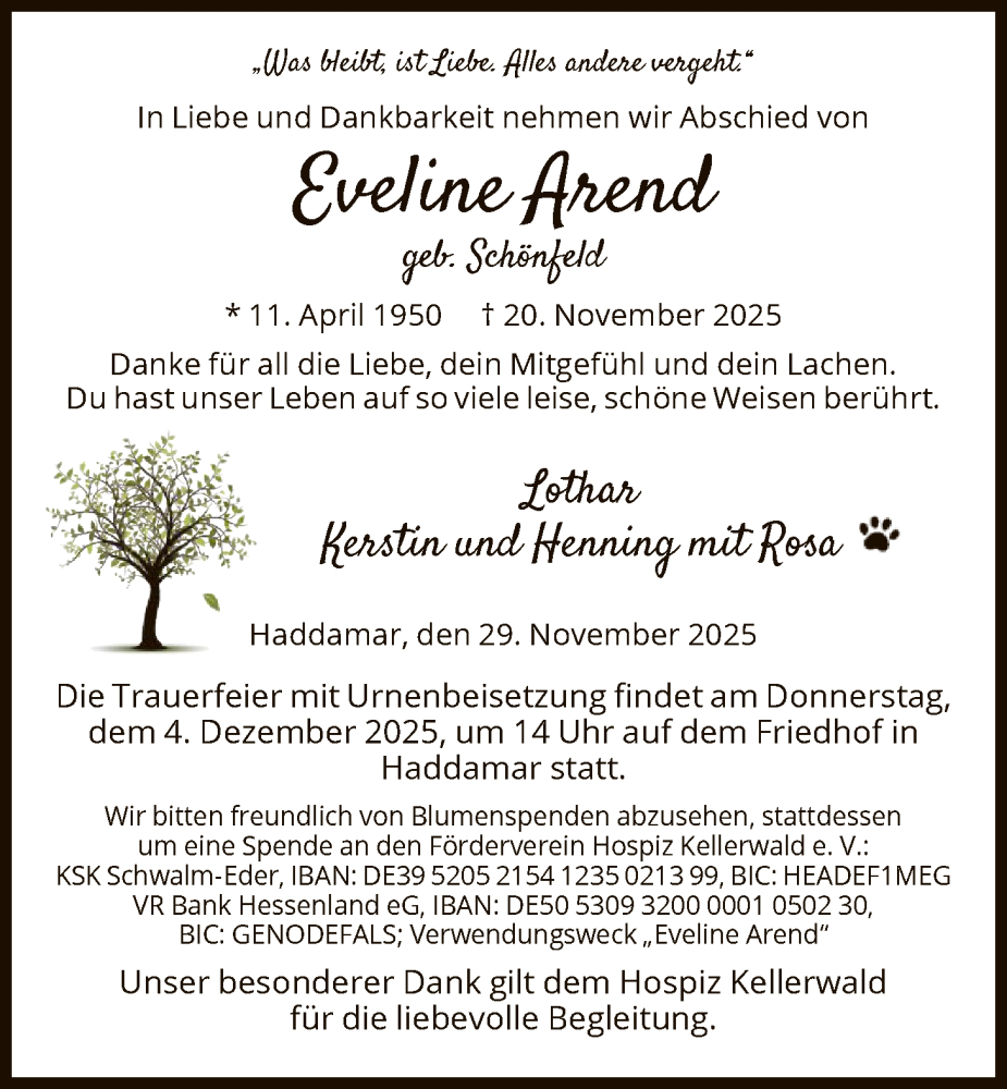  Traueranzeige für Eveline Arend vom 29.11.2025 aus HNAWLZ