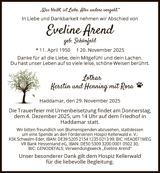 Traueranzeige von Eveline Arend von HNAWLZ