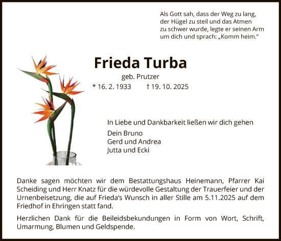 Traueranzeige von Frieda Turba von HNAWLZ