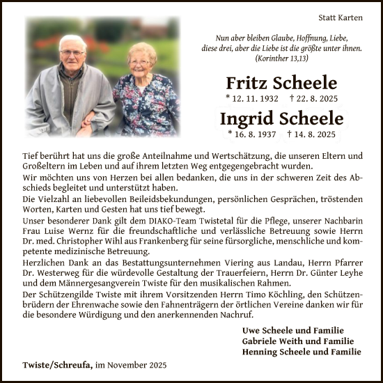 Traueranzeige von Fritz Scheele von WLZHNA