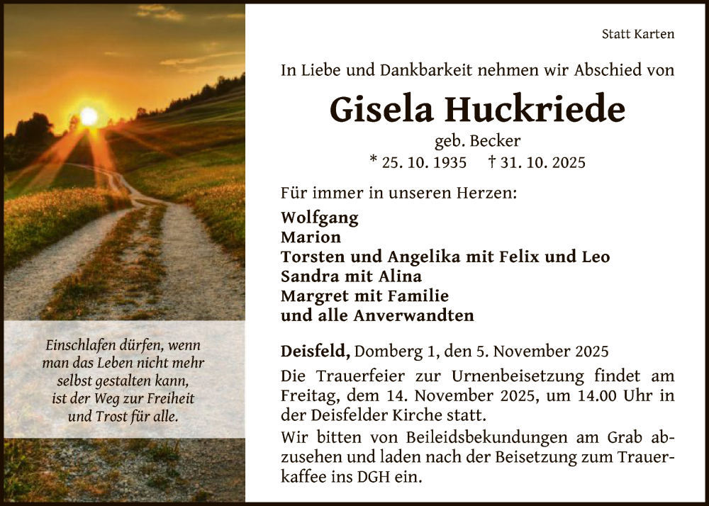  Traueranzeige für Gisela Huckriede vom 05.11.2025 aus WLZ