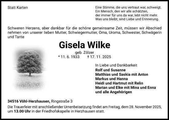 Traueranzeige von Gisela Wilke von WLZHNA