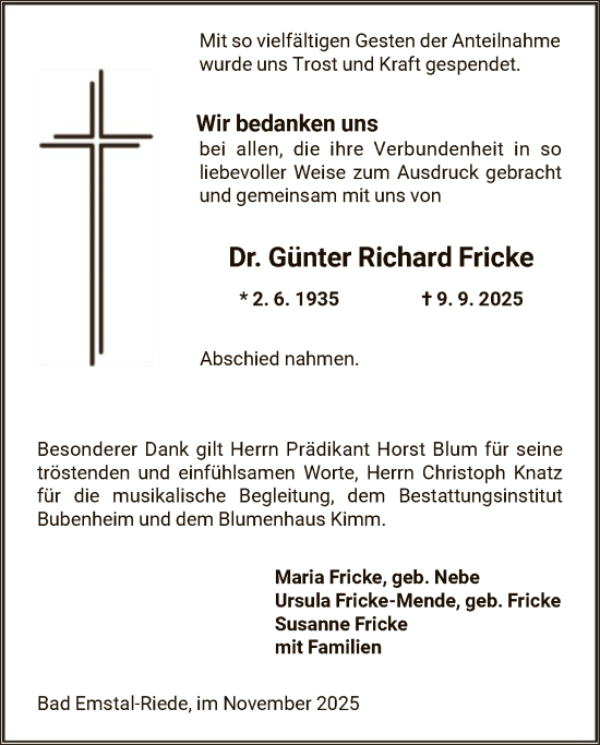 Traueranzeige von Günter Richard Fricke von HNAWLZ
