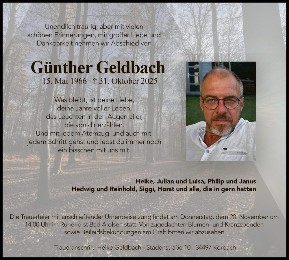  Traueranzeige für Günther Geldbach vom 15.11.2025 aus WLZ
