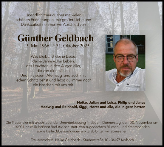 Traueranzeige von Günther Geldbach von WLZ