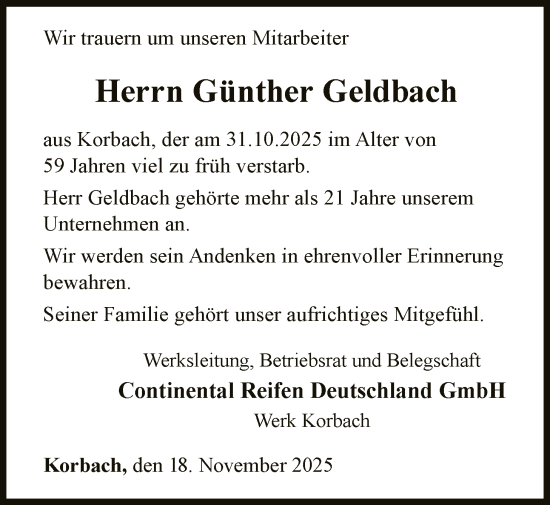 Traueranzeige von Günther Geldbach von WLZ