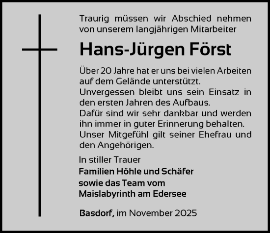 Traueranzeige von Hans-Jürgen Först von WLZ