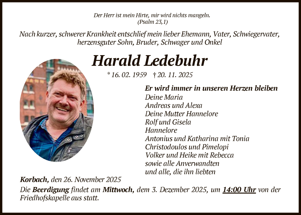  Traueranzeige für Harald Ledebuhr vom 26.11.2025 aus WLZ
