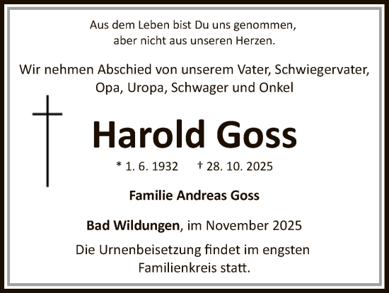 Traueranzeige von Harold Goss von WLZ