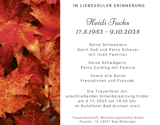 Traueranzeige von Heidi Fuchs von WLZ