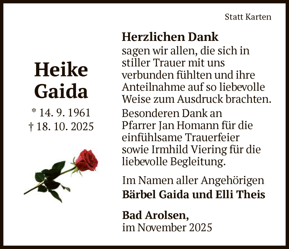  Traueranzeige für Heike Gaida vom 22.11.2025 aus WLZ
