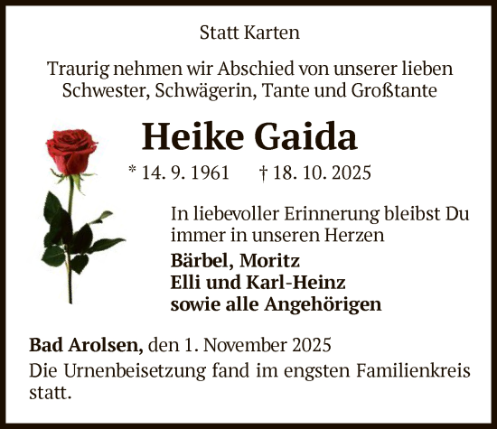 Traueranzeige von Heike Gaida von WLZ