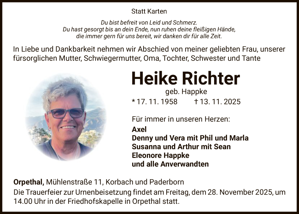 Traueranzeige für Heike Richter vom 22.11.2025 aus WLZ