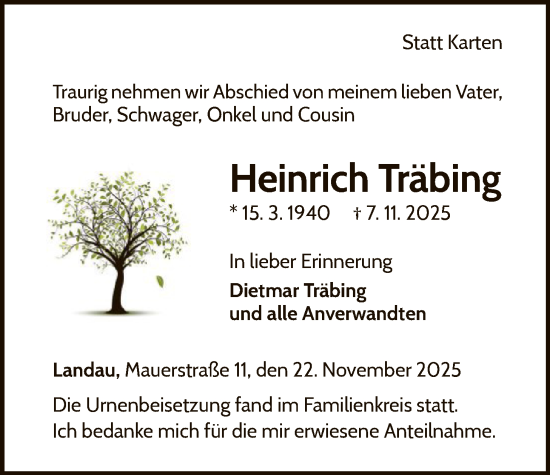 Traueranzeige von Heinrich Träbing von WLZ