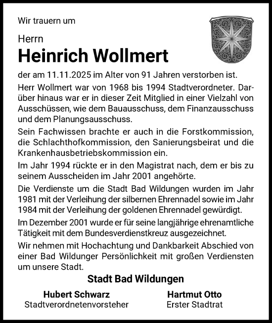 Traueranzeige von Heinrich Wollmert von WLZ