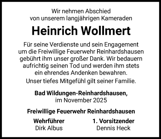 Traueranzeige von Heinrich Wollmert von WLZ