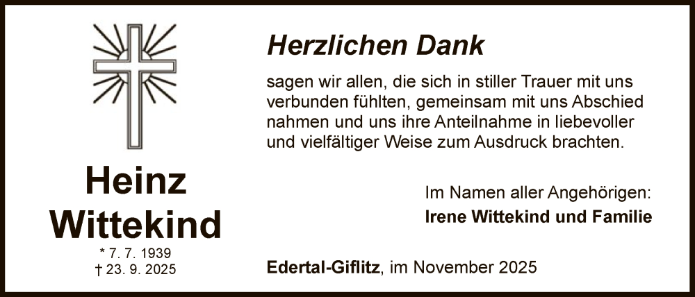 Traueranzeige für Heinz Wittekind vom 01.11.2025 aus WLZ