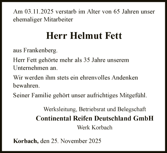 Traueranzeige von Helmut Fett von WLZ