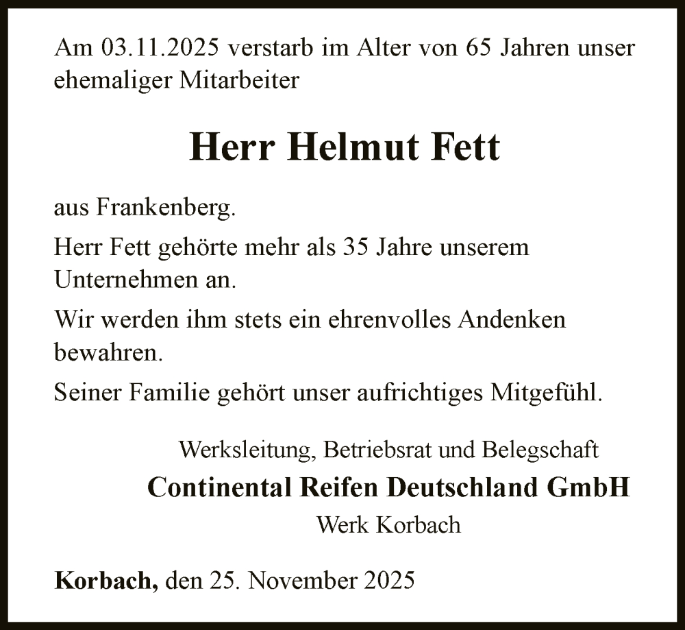  Traueranzeige für Helmut Fett vom 25.11.2025 aus WLZ
