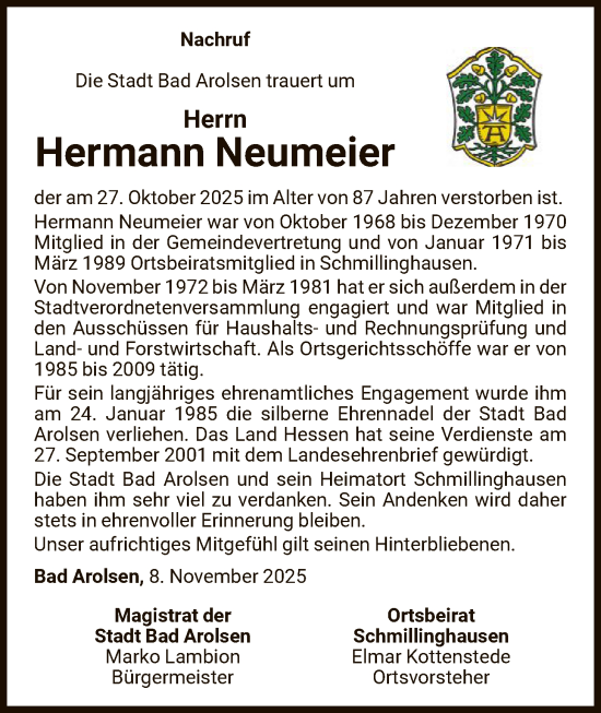 Traueranzeige von Hermann Neumeier von WLZ
