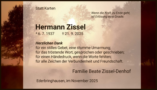 Traueranzeige von Hermann Zissel von WLZHNA