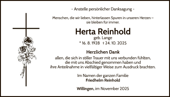 Traueranzeige von Herta Reinhold von WLZ