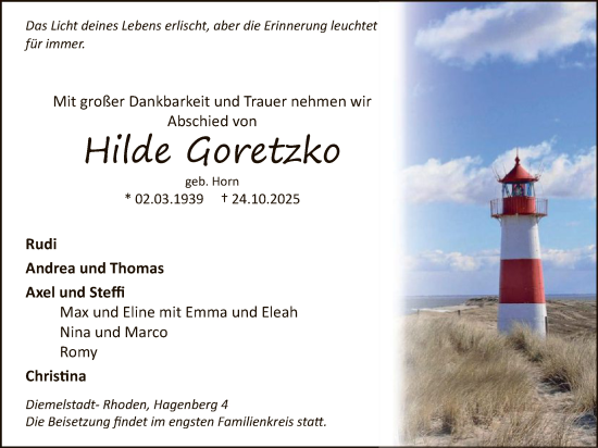 Traueranzeige von Hilde Goretzko von WLZ