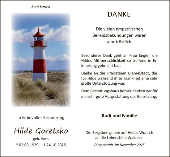 Traueranzeige von Hilde Goretzko von WLZ