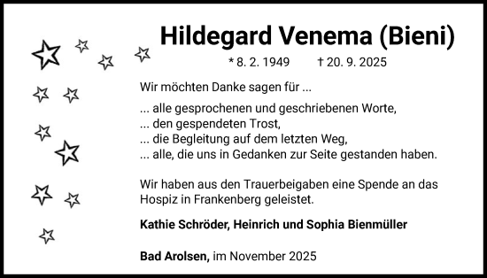 Traueranzeige von Hildegard Venema von WLZ
