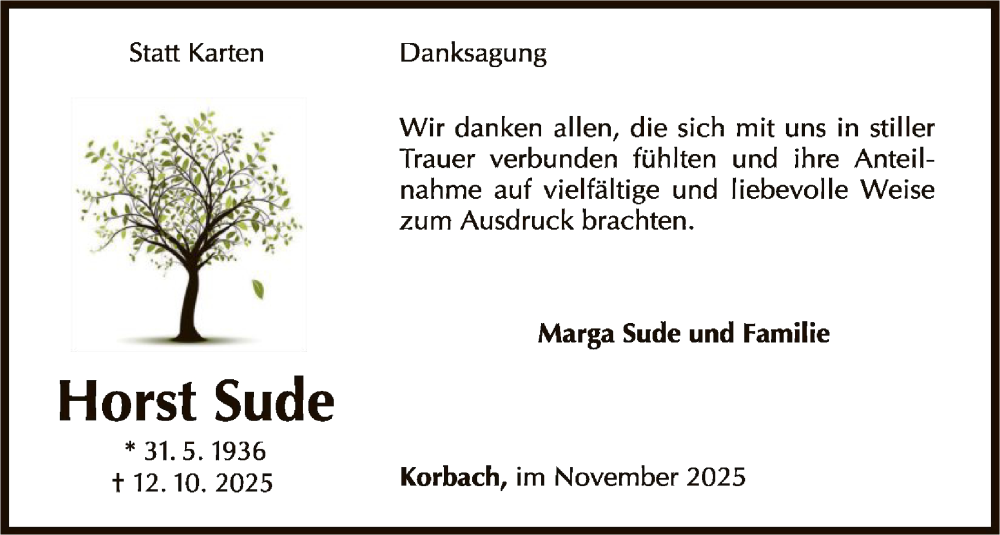  Traueranzeige für Horst Sude vom 08.11.2025 aus WLZ
