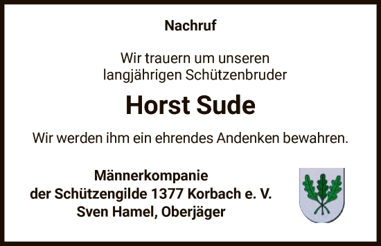 Traueranzeige von Horst Sude von WLZ