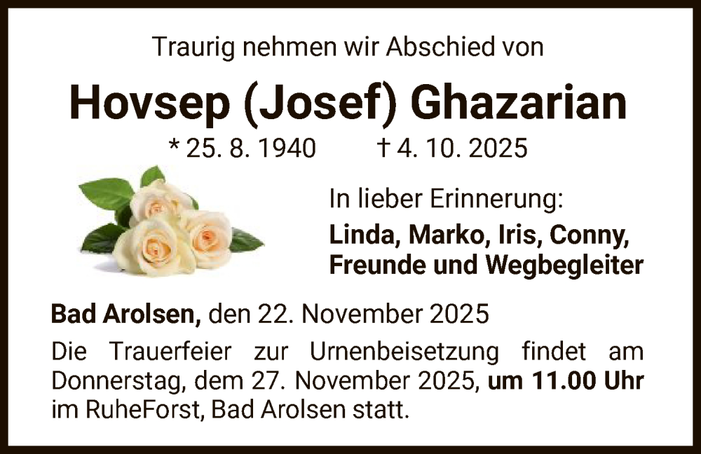  Traueranzeige für Hovsep Ghazarian vom 22.11.2025 aus WLZ