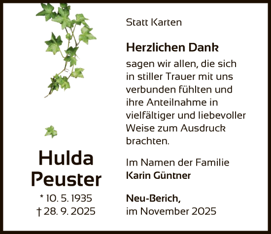 Traueranzeige von Hulda Peuster von WLZ