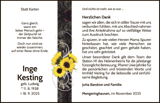 Traueranzeige von Inge Kesting von WLZ