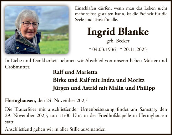 Traueranzeige von Ingrid Blanke von WLZ