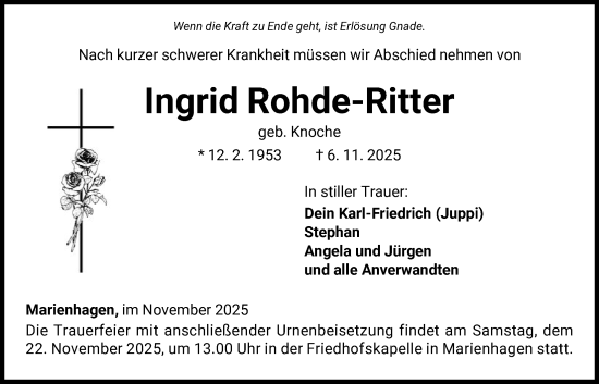 Traueranzeige von Ingrid Rohde-Ritter von WLZ