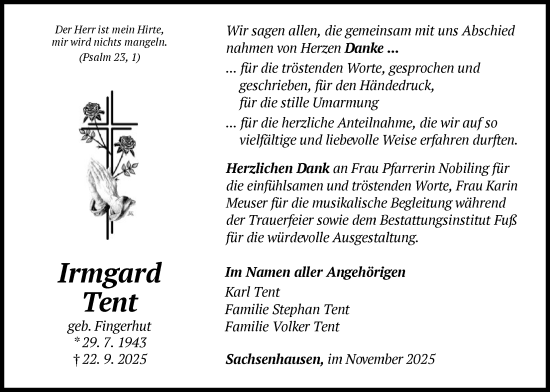 Traueranzeige von Irmgard Tent von WLZ