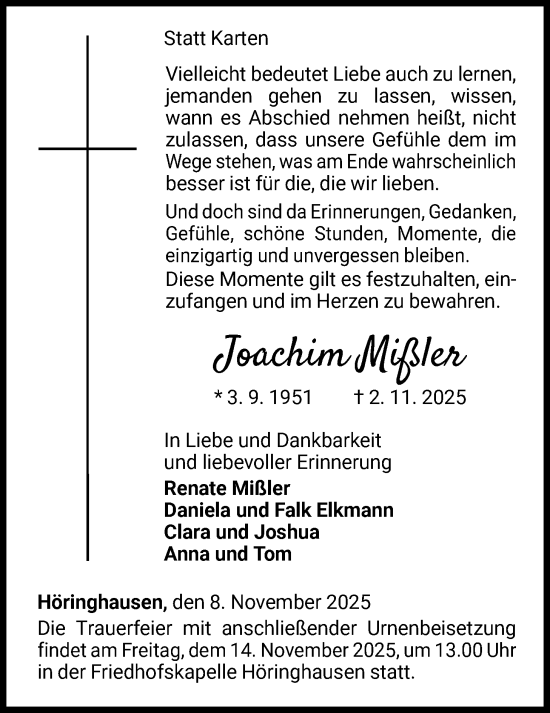 Traueranzeige von Joachim Mißler von WLZ