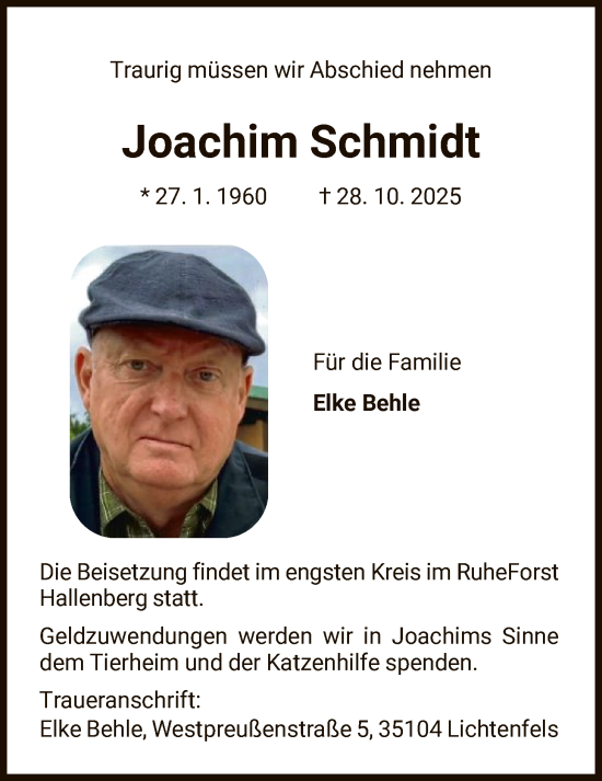 Traueranzeige von Joachim Schmidt von WLZ
