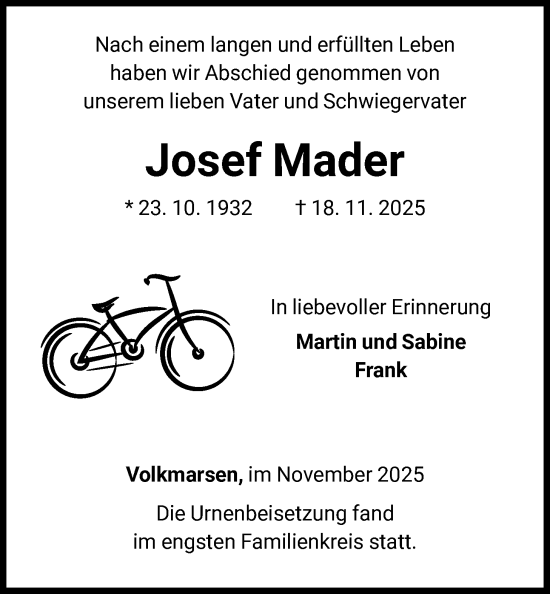 Traueranzeige von Josef Mader von WLZ