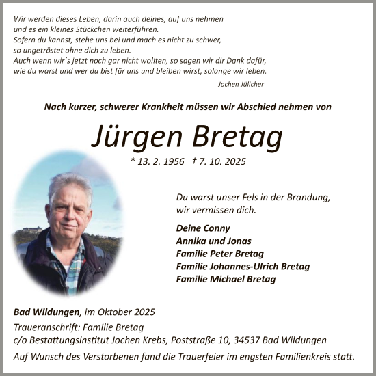 Traueranzeige von Jürgen Bretag von WLZ