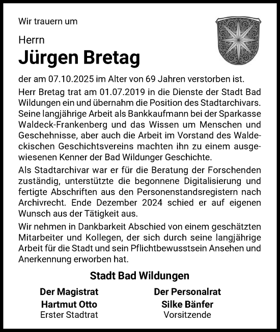 Traueranzeige von Jürgen Bretag von WLZ
