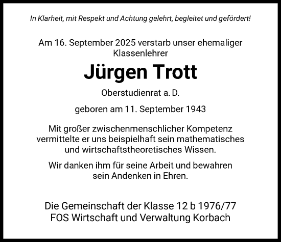 Traueranzeige von Jürgen Trott von WLZ