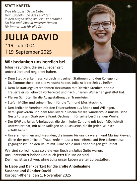 Traueranzeige von Julia David von WLZ