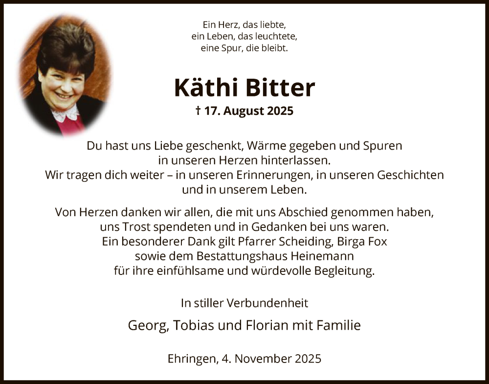  Traueranzeige für Käthi Bitter vom 08.11.2025 aus HNAWLZ