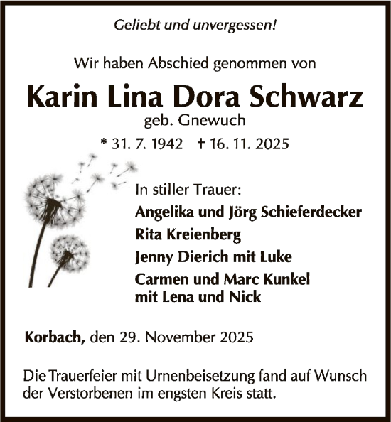 Traueranzeige von Karin Lina Dora Schwarz von WLZ