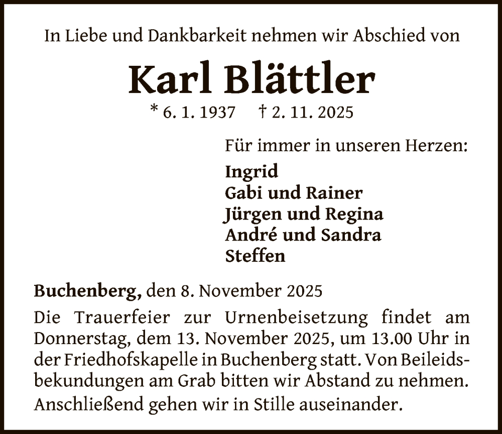 Traueranzeige für Karl Blättler vom 08.11.2025 aus WLZ